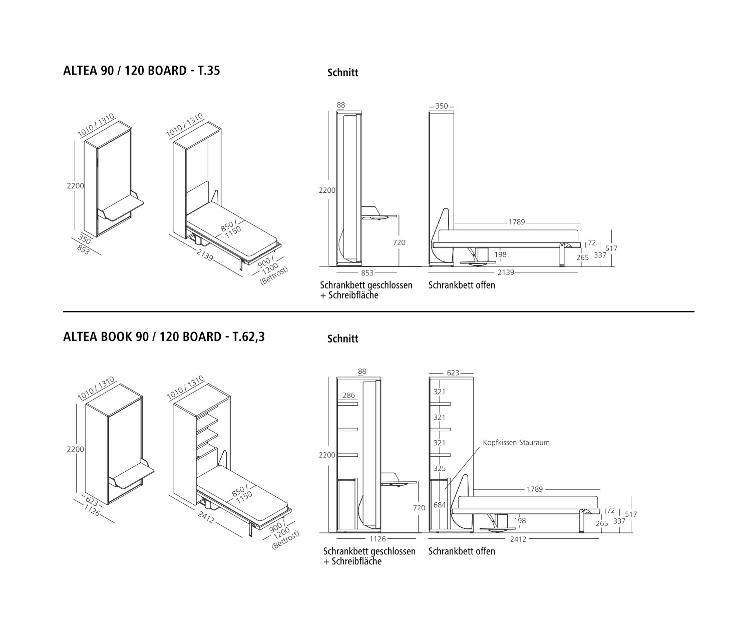 Lit armoire de 120 cm de large avec bureau