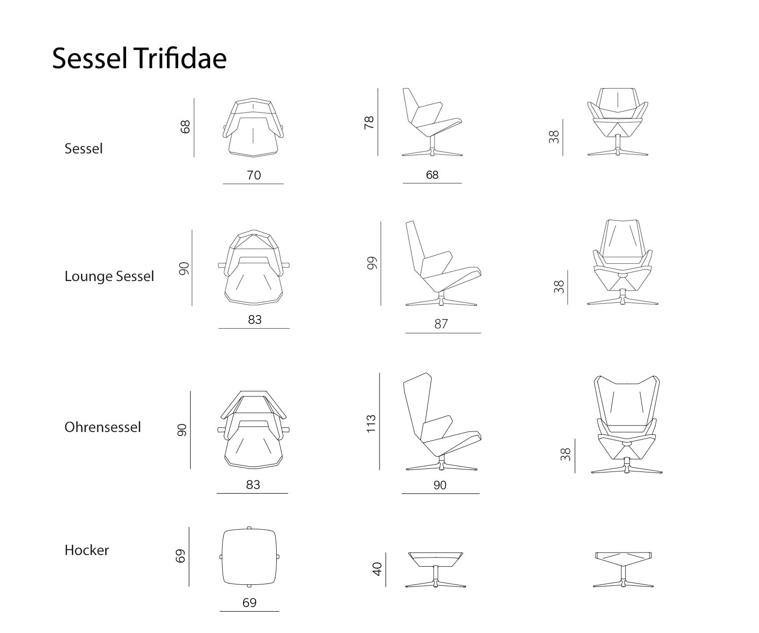 Prostoria Fauteuil Trifidae Collection Dimensions Tailles Esquisse Tailles