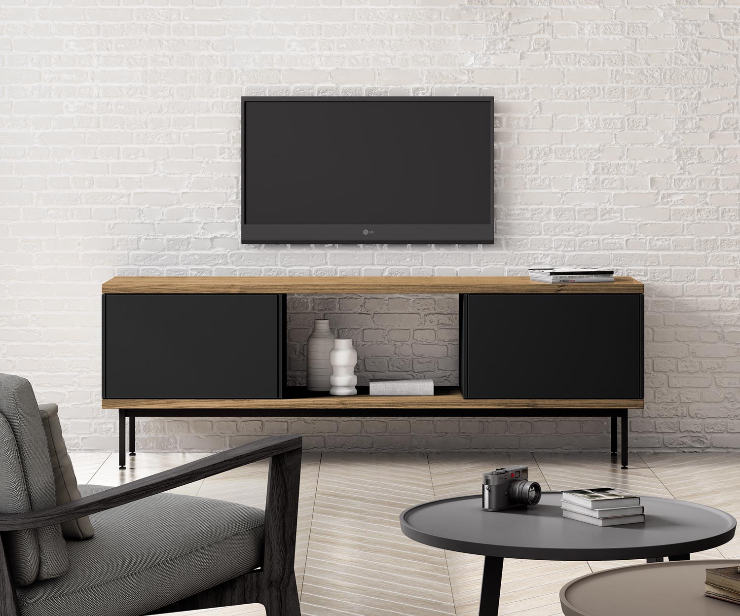 TV Design Sideboard Punt Slats dans le salon avec panneau mural TV