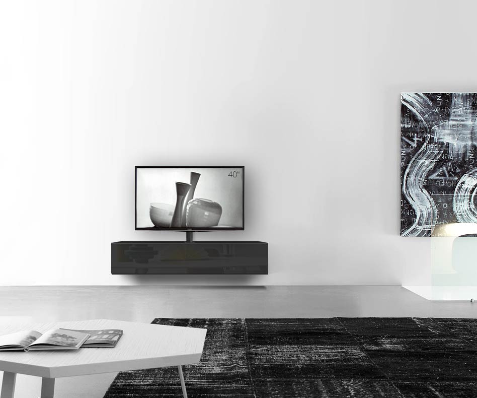 Table basse design Configurateur avec support TV mural Largeur 150 32 45 milieu noir brillant