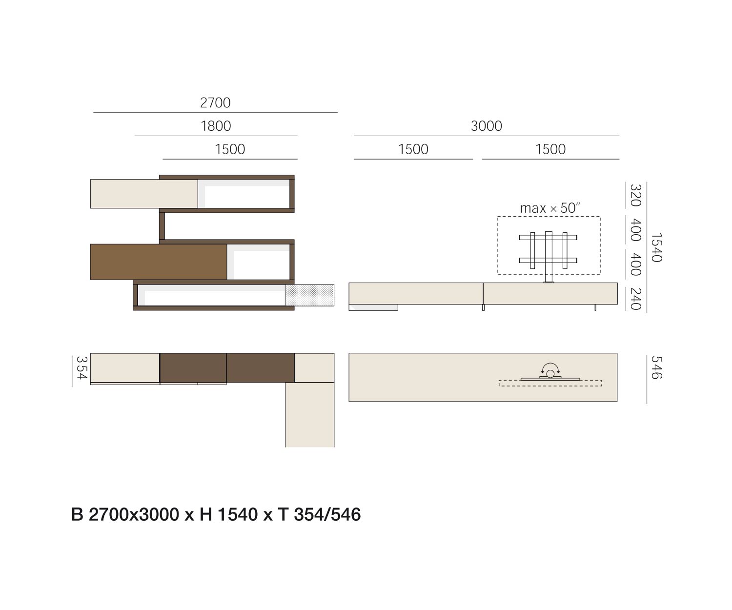 Livitalia Paroi de séjour d'angle design C29A Esquisse Dimensions Dimensions