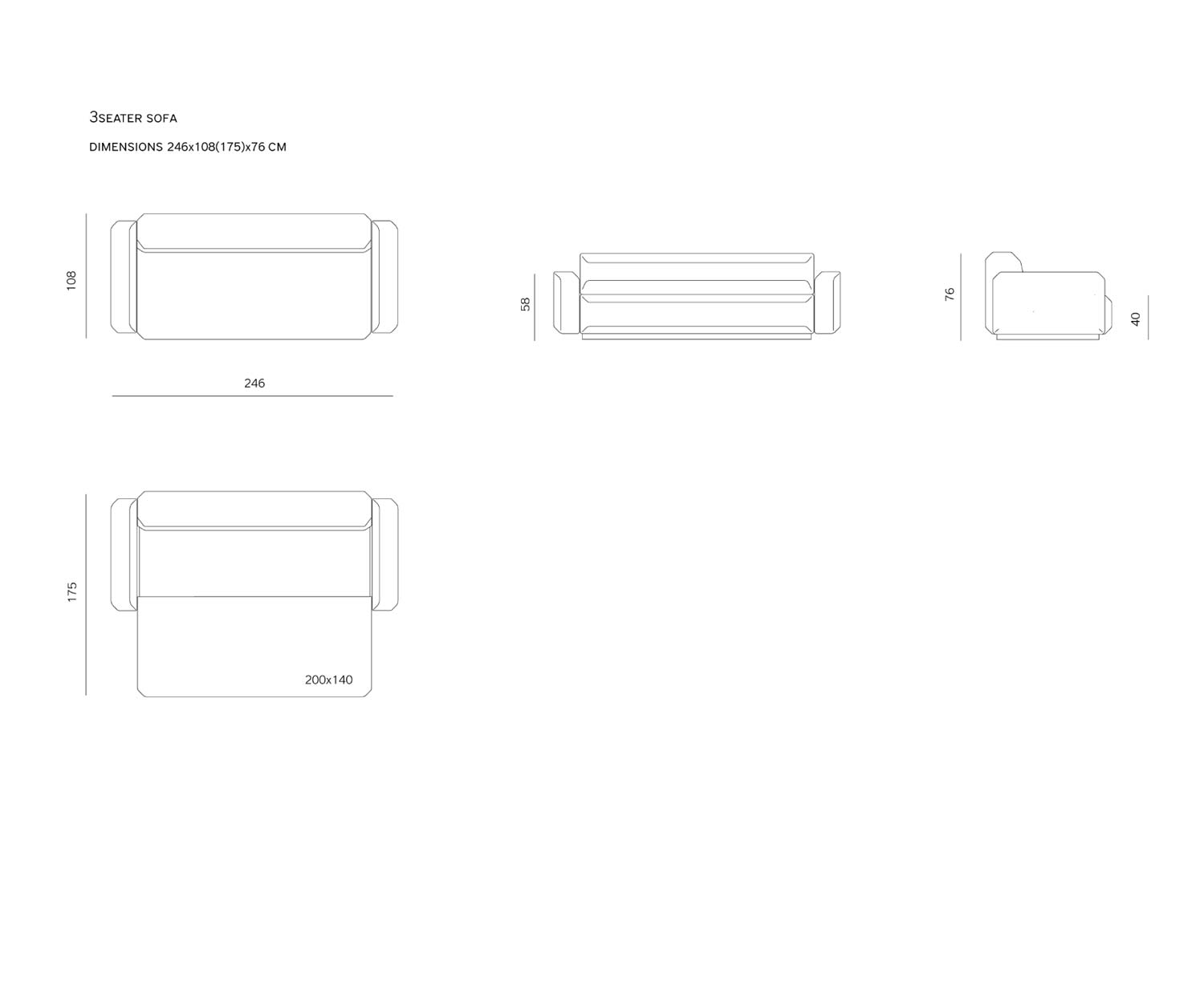 Prostoria Canapé-lit design Fade 3 places Dimensions de l'esquisse